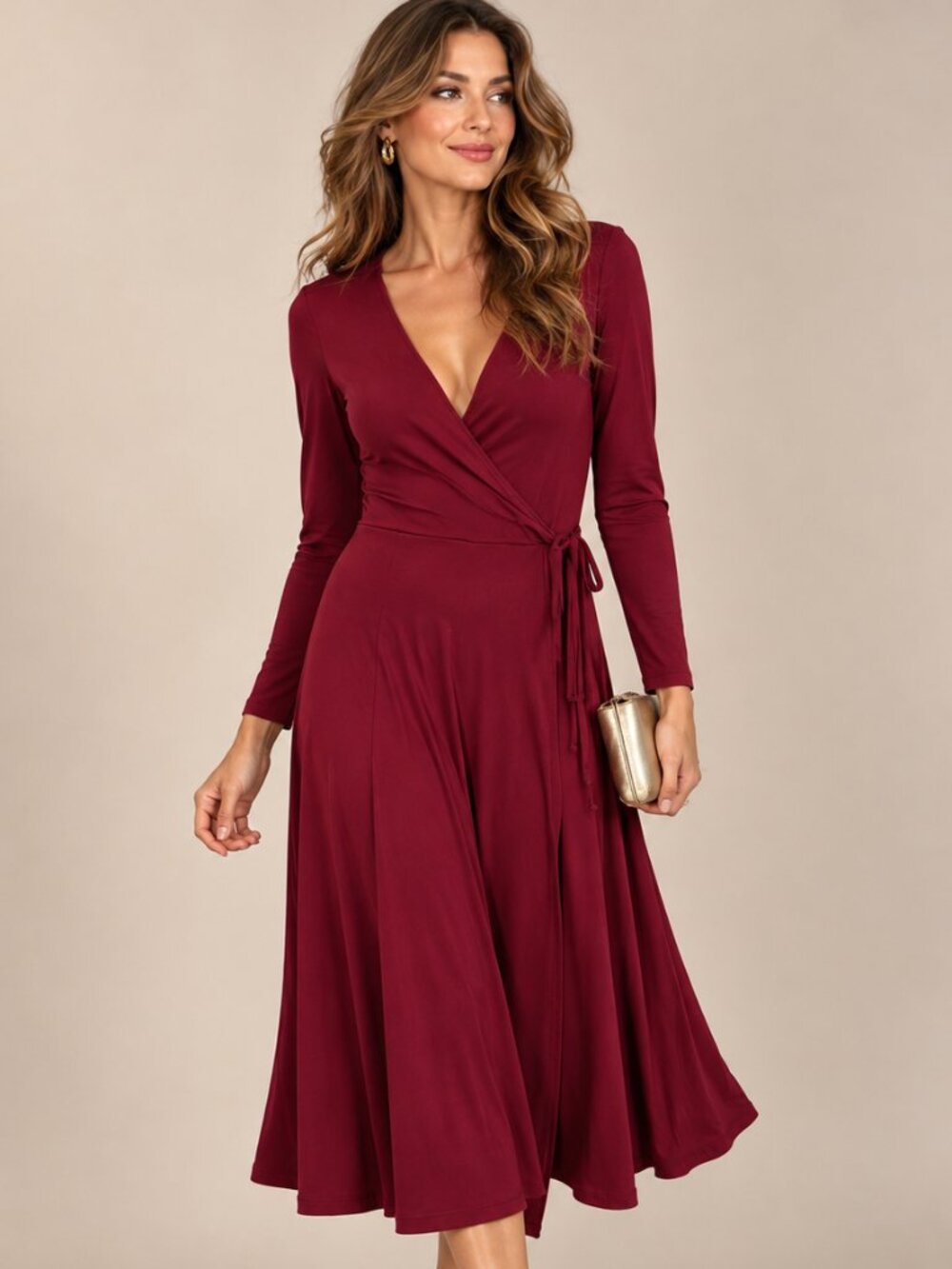 Old Navy Burgundy/Wine Wrap Dress Long Sleeve V Neck Tie Waist Midi Dress Large